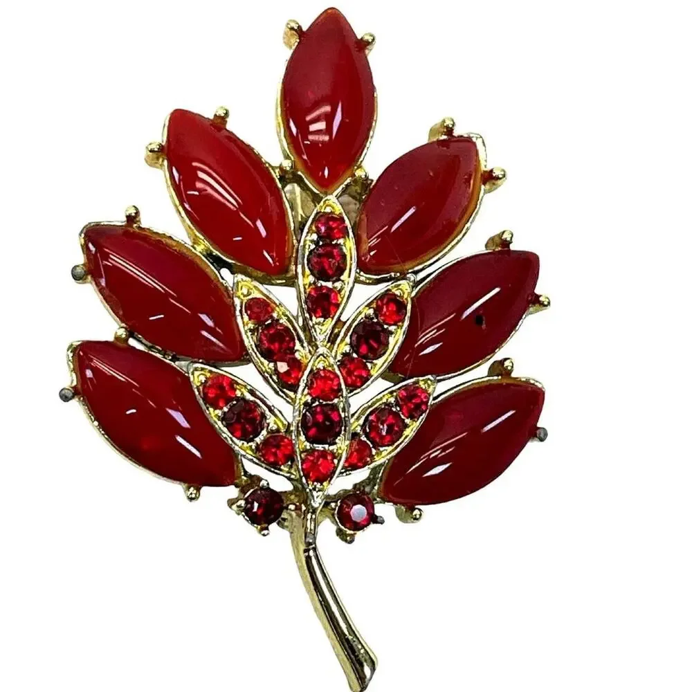 Navette Opaque Red Glass Stemmed Flower Leaf Brooch Pin